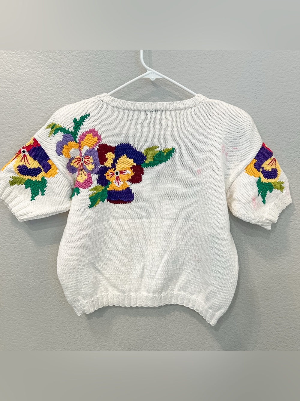 Vintage Hand Floral Hand Knit Sweater With Pansies Flowers Artsy Size S/M 90s - Picture 7 of 11